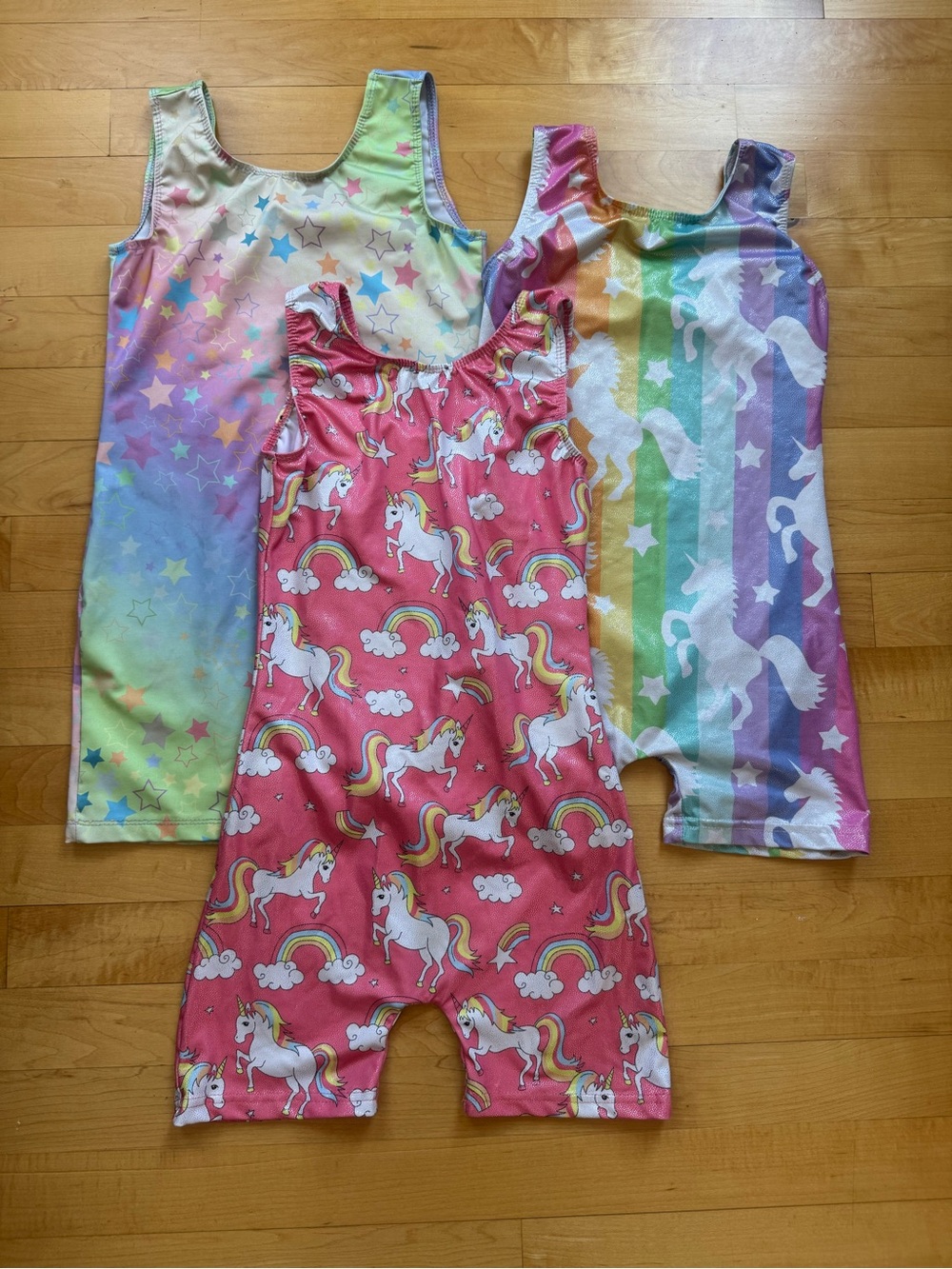 Kids Unicorn & Rainbow Short Leotards - Pink, Pastel Multi
